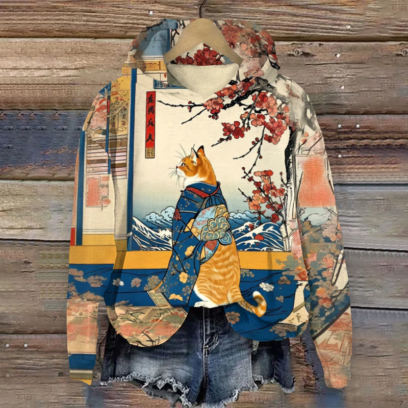 Japanese Art Cat Geisha Ukiyoe Floral Wave Print Women's Hoodie