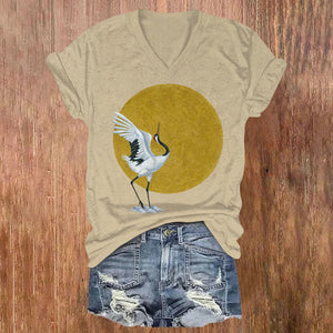 Japanese Red-crowned Crane In Sunlight Art Print Leisure V-neck T-shirt