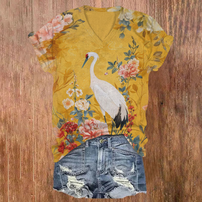 Elegant Crane Yellow Flowers Art Print Leisure V-neck T-shirt