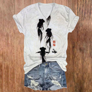 Japanese Style Simple Goldfish Ink Painting Art Print Leisure V-neck T-shirt