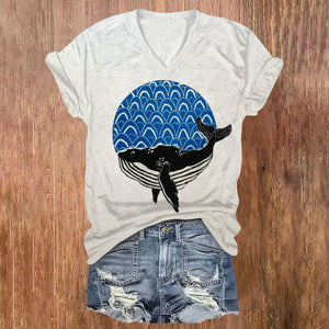 Japanese Style Simple Lines Whale Art Print Leisure V-neck T-shirt