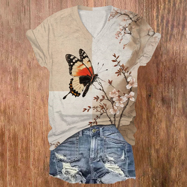 Japanese Style Color Matching Butterfly Ink Painting Art Print V-neck T-shirt