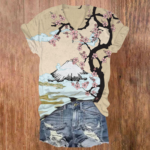 Japanese Style Mount Fuji Cherry Blossom Print V-neck T-shirt