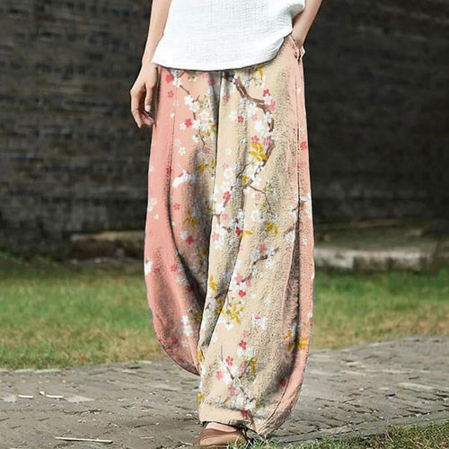 Japanese Art Color Matching Cherry Blossom Print Casual Pants