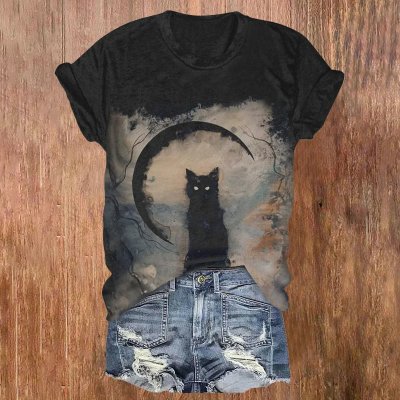 Halloween Vintage Cat Print Casual Short Sleeve Crew Neck T-shirt