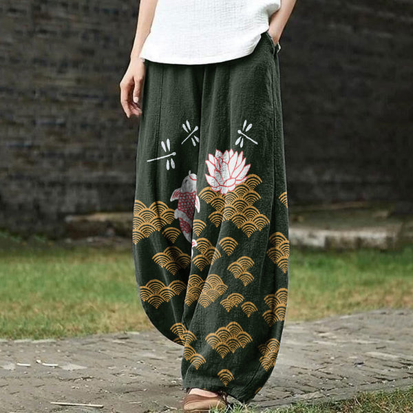 Japanese Style Koi Fish Dragonfly Wave Art Print Casual Pants