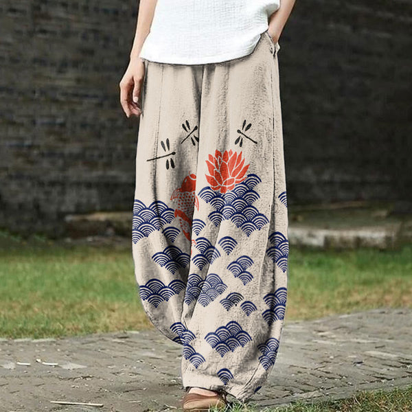 Japanese Style Koi Fish Dragonfly Wave Art Print Casual Pants