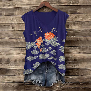 Japanese Style Koi Fish Dragonfly Wave Art Print V-neck Tank Top