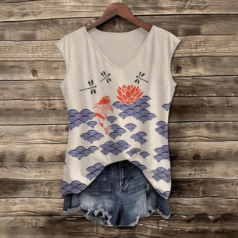 Japanese Style Koi Fish Dragonfly Wave Art Print V-neck Tank Top