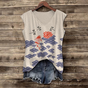 Japanese Style Koi Fish Dragonfly Wave Art Print V-neck Tank Top