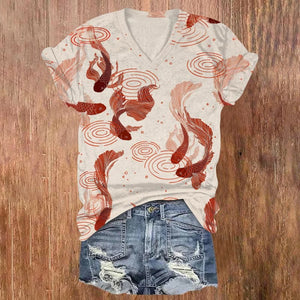 Women's Japanese Style Carp Water Ripple Print Short Sleeve V-neck T-shirt