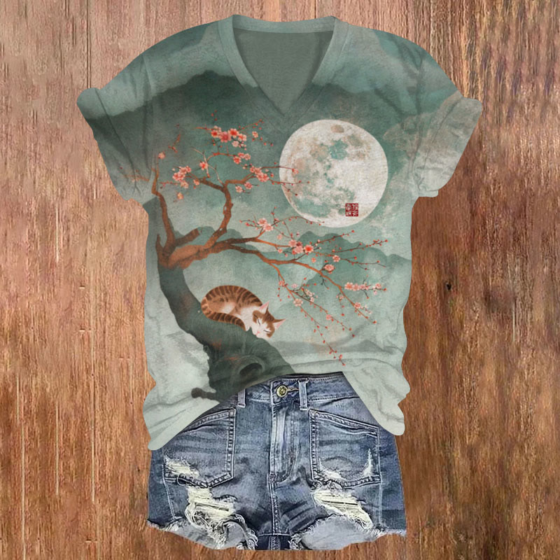 Blossom On Moonlit Japanese Cat Art Print V-neck T-shirt