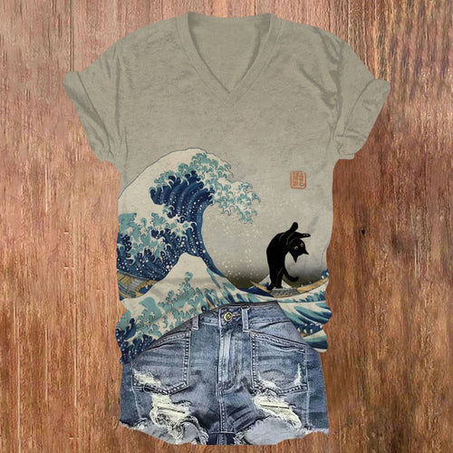 Japanese Art Cat Backflip Waves Print V-neck T-shirt