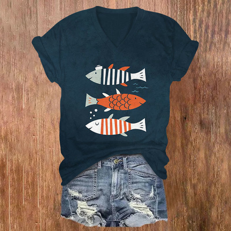 Cute Simple Drawing Geometric Cartoon Fish Art V-neck T-shirt