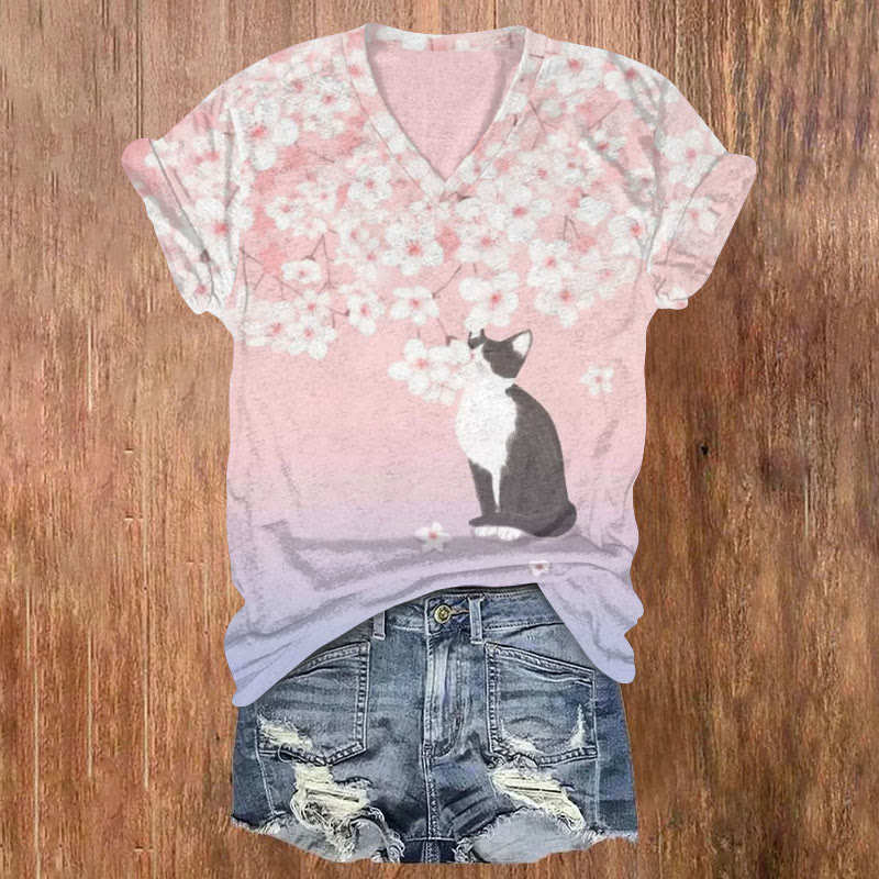 Cat & Sakura Japanese Print V-neck T-shirt