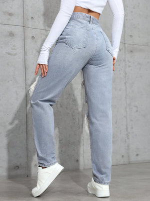 SHEIN ICON Women's Loose Straight Leg Ripped Pockets Casual Washed Denim Jeans