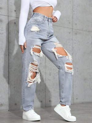 SHEIN ICON Women's Loose Straight Leg Ripped Pockets Casual Washed Denim Jeans