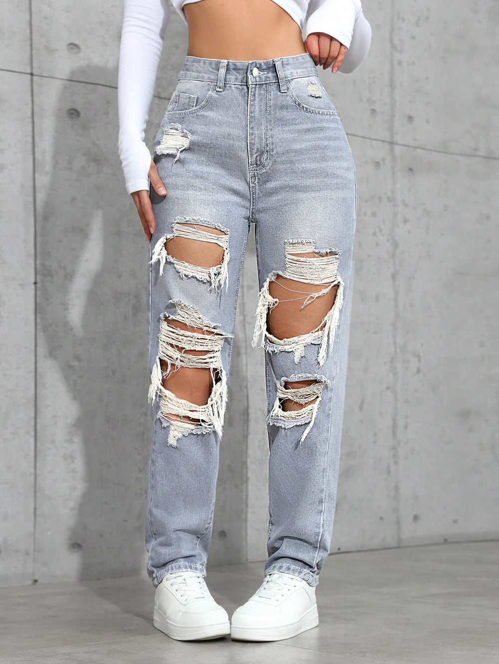 SHEIN ICON Women's Loose Straight Leg Ripped Pockets Casual Washed Denim Jeans