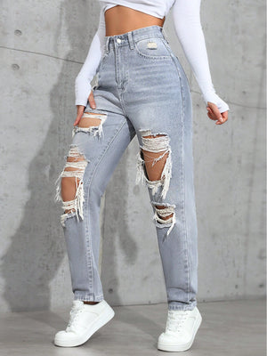 SHEIN ICON Women's Loose Straight Leg Ripped Pockets Casual Washed Denim Jeans