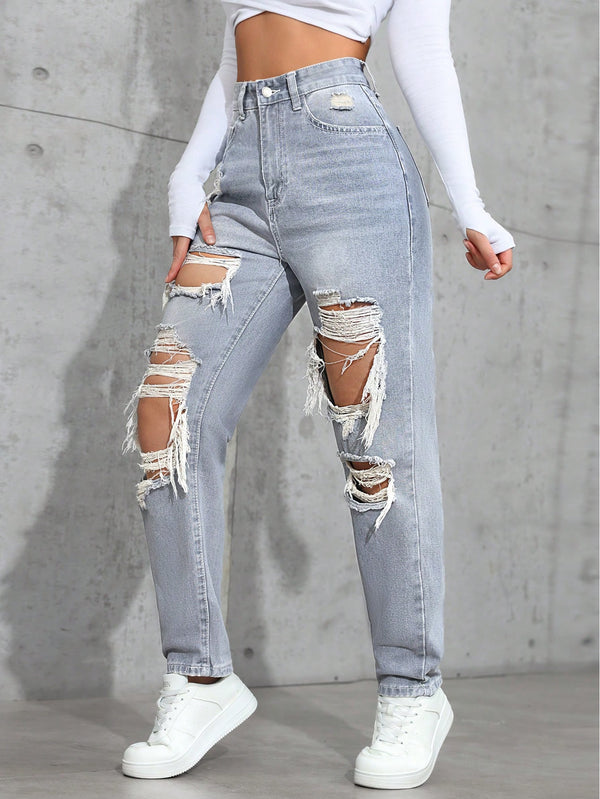 SHEIN ICON Women's Loose Straight Leg Ripped Pockets Casual Washed Denim Jeans