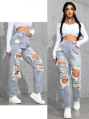 SHEIN ICON Women's Loose Straight Leg Ripped Pockets Casual Washed Denim Jeans