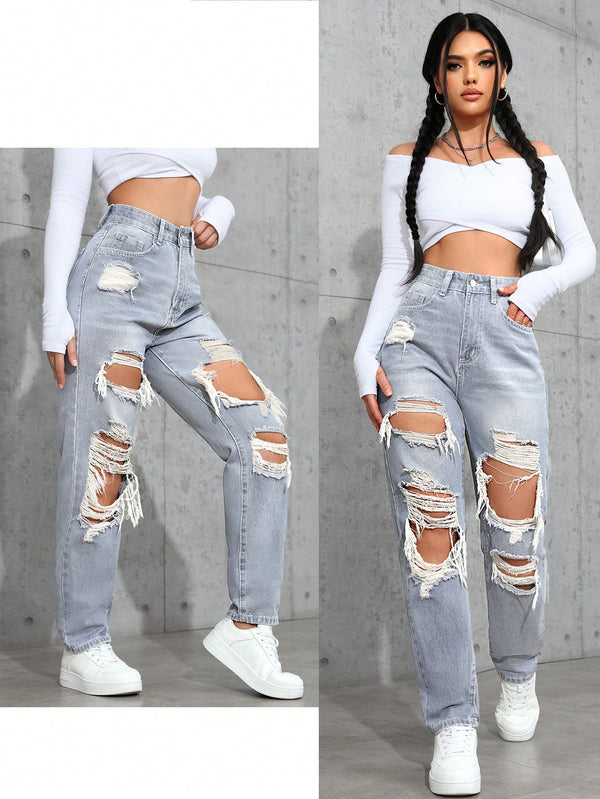 SHEIN ICON Women's Loose Straight Leg Ripped Pockets Casual Washed Denim Jeans