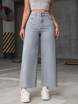 High Waist Raw Hem Wide Leg Jeans