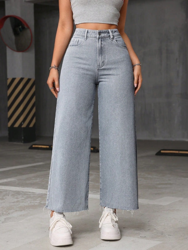 High Waist Raw Hem Wide Leg Jeans