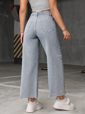 High Waist Raw Hem Wide Leg Jeans