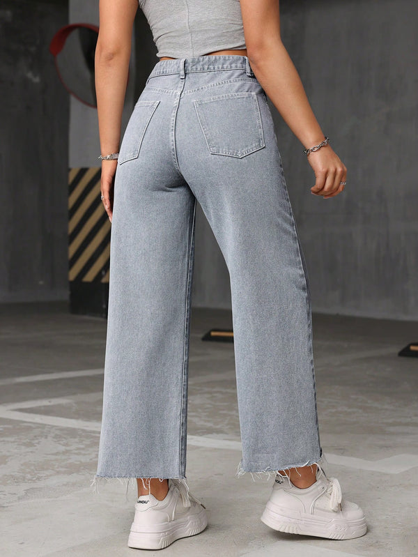 High Waist Raw Hem Wide Leg Jeans