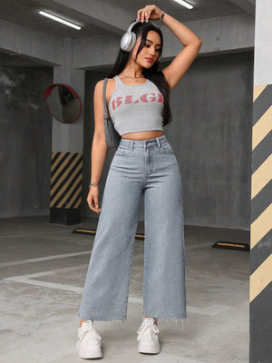 High Waist Raw Hem Wide Leg Jeans