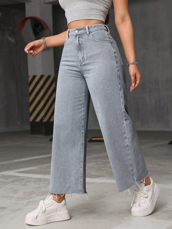 High Waist Raw Hem Wide Leg Jeans