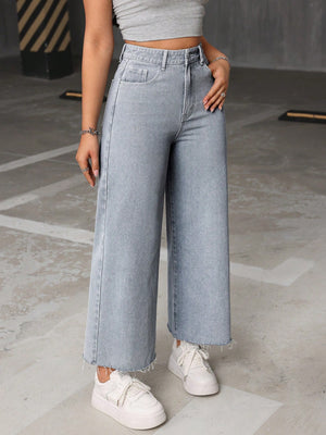 High Waist Raw Hem Wide Leg Jeans