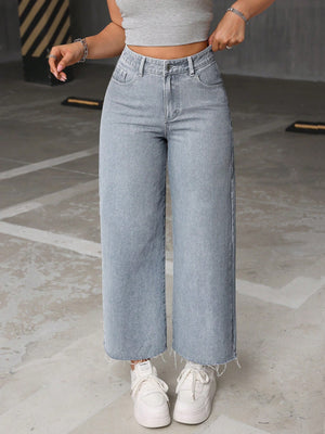 High Waist Raw Hem Wide Leg Jeans