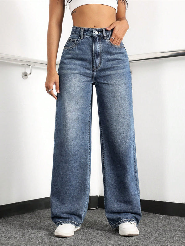 SHEIN EZwear Full Print Pocket Casual Loose Straight Leg Jeans