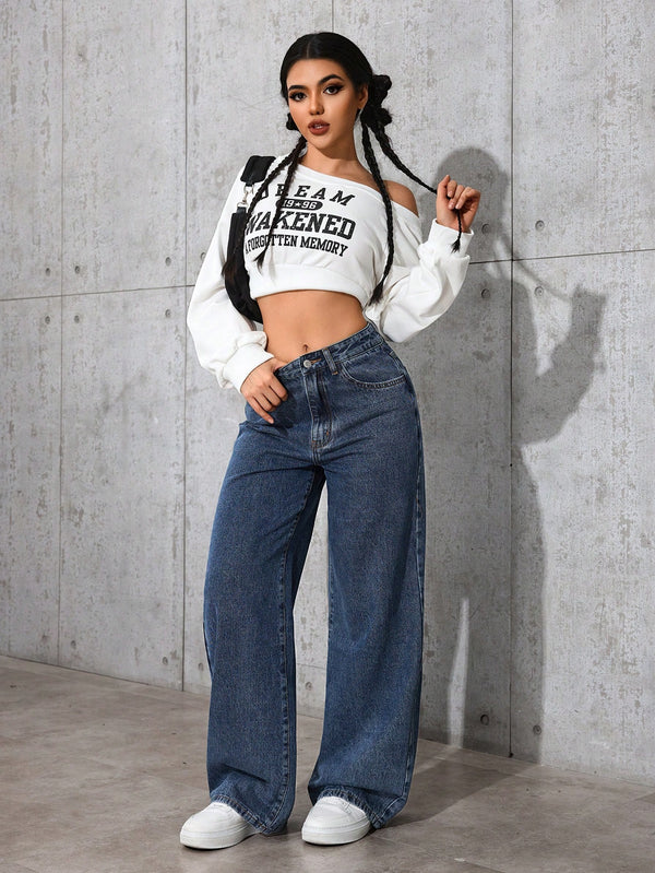 SHEIN EZwear Women Casual Loose Wide Leg Jeans