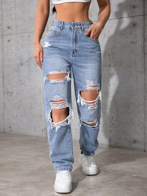 SHEIN ICON Women's Loose Straight Leg Ripped Pockets Casual Washed Denim Jeans