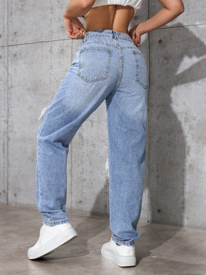 SHEIN ICON Women's Loose Straight Leg Ripped Pockets Casual Washed Denim Jeans
