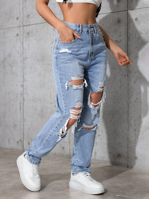 SHEIN ICON Women's Loose Straight Leg Ripped Pockets Casual Washed Denim Jeans