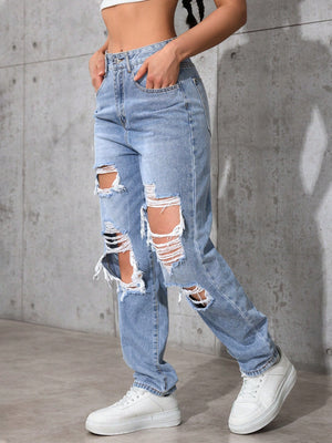 SHEIN ICON Women's Loose Straight Leg Ripped Pockets Casual Washed Denim Jeans