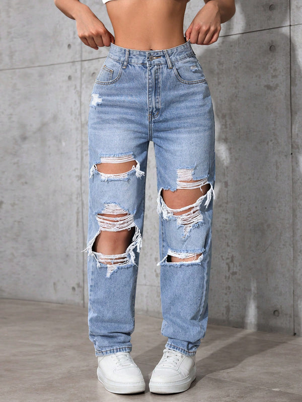 SHEIN ICON Women's Loose Straight Leg Ripped Pockets Casual Washed Denim Jeans