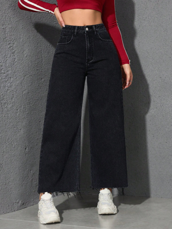 High Waist Raw Hem Wide Leg Jeans