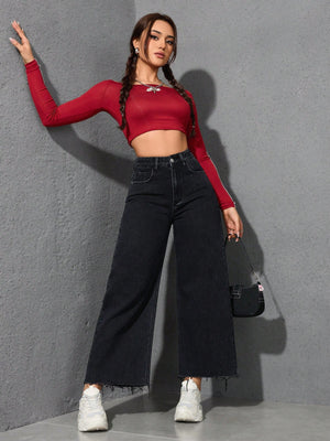 High Waist Raw Hem Wide Leg Jeans