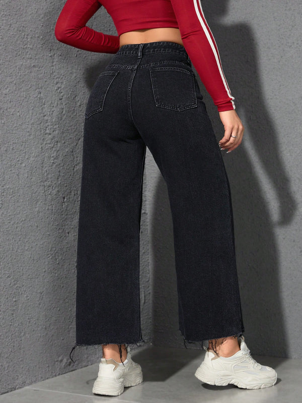 High Waist Raw Hem Wide Leg Jeans