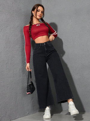 High Waist Raw Hem Wide Leg Jeans