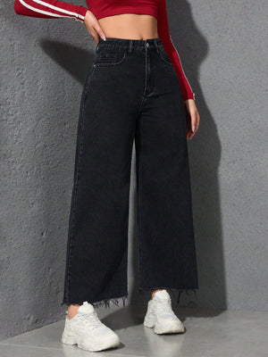 High Waist Raw Hem Wide Leg Jeans