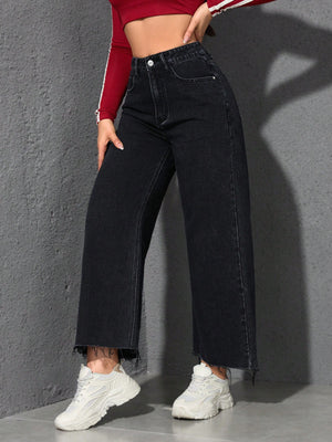 High Waist Raw Hem Wide Leg Jeans