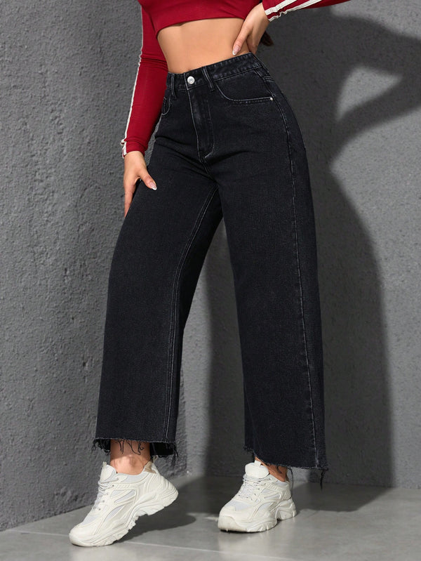 High Waist Raw Hem Wide Leg Jeans