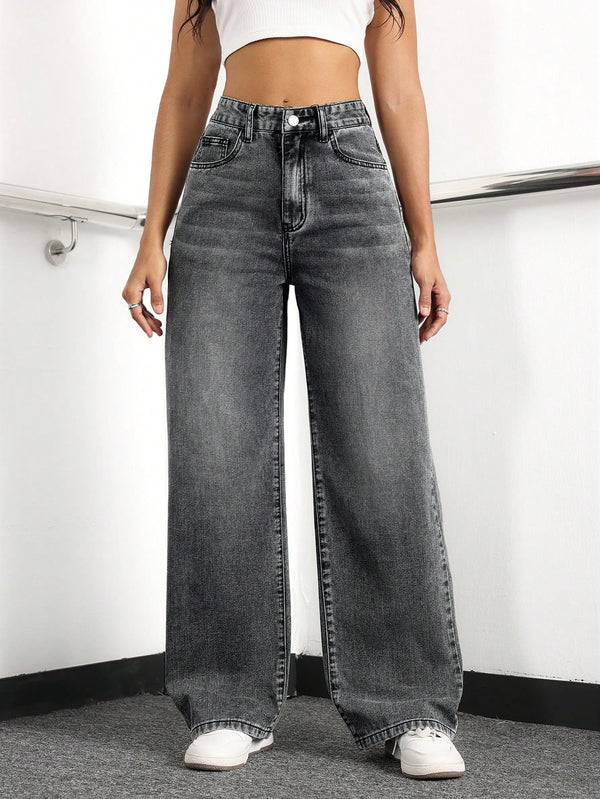 SHEIN EZwear Full Print Pocket Casual Loose Straight Leg Jeans