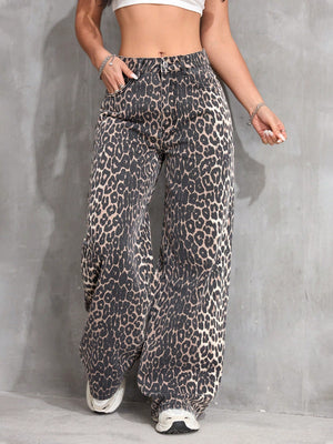 Leopard Print Denim Long Pants, Casual & Fashionable For Everyday Wear